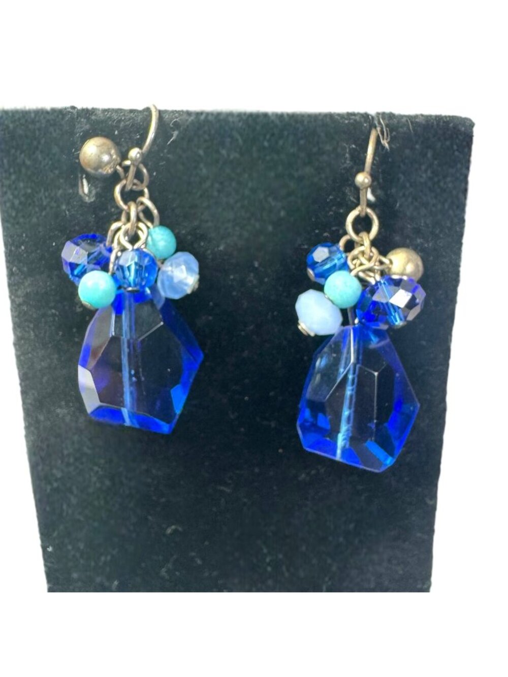 White House Black Market Blue Crystal Drop Earrings Silver Hooks & Beads Boho Ch